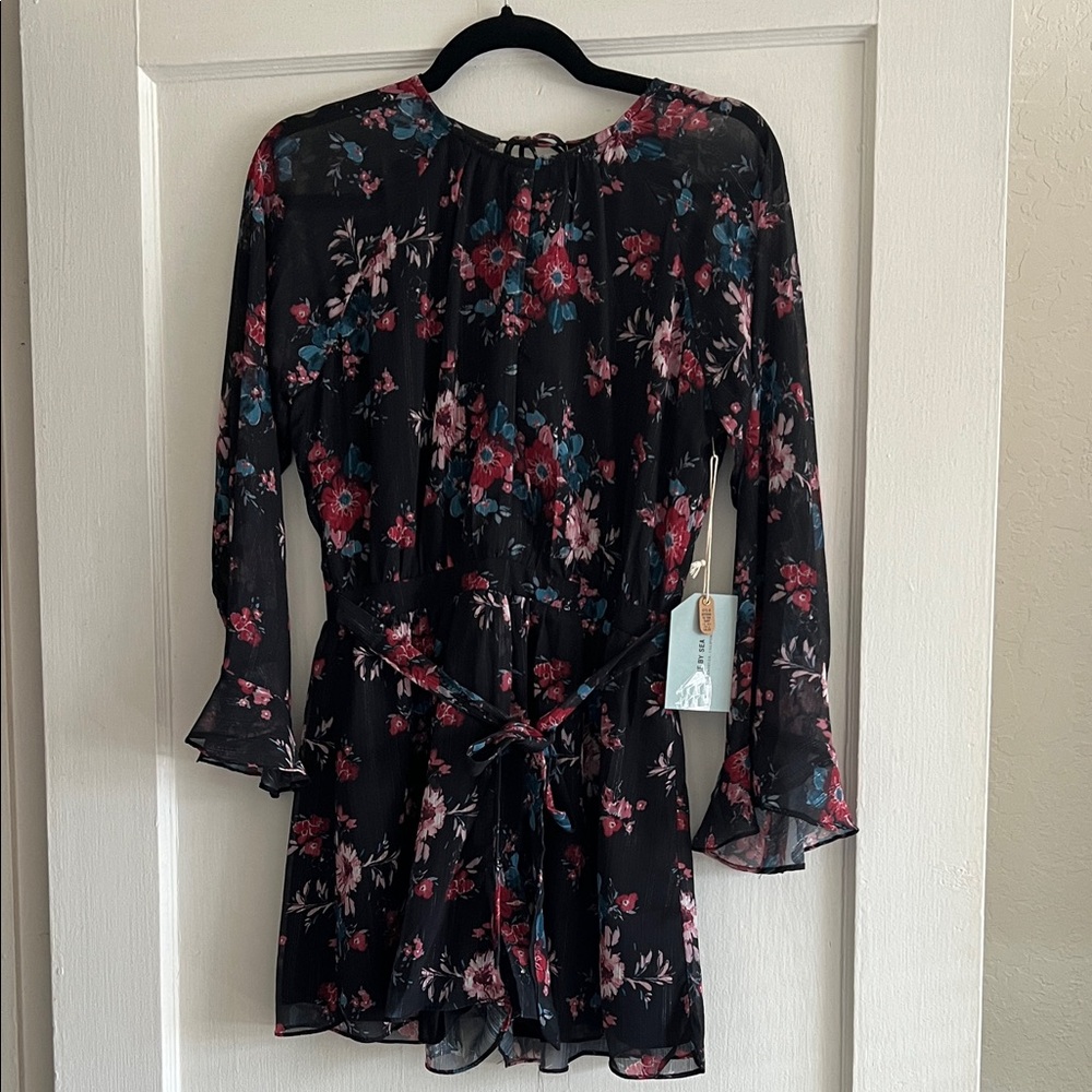 Elegant Open Back Romper Floral Long Sleeve Dress